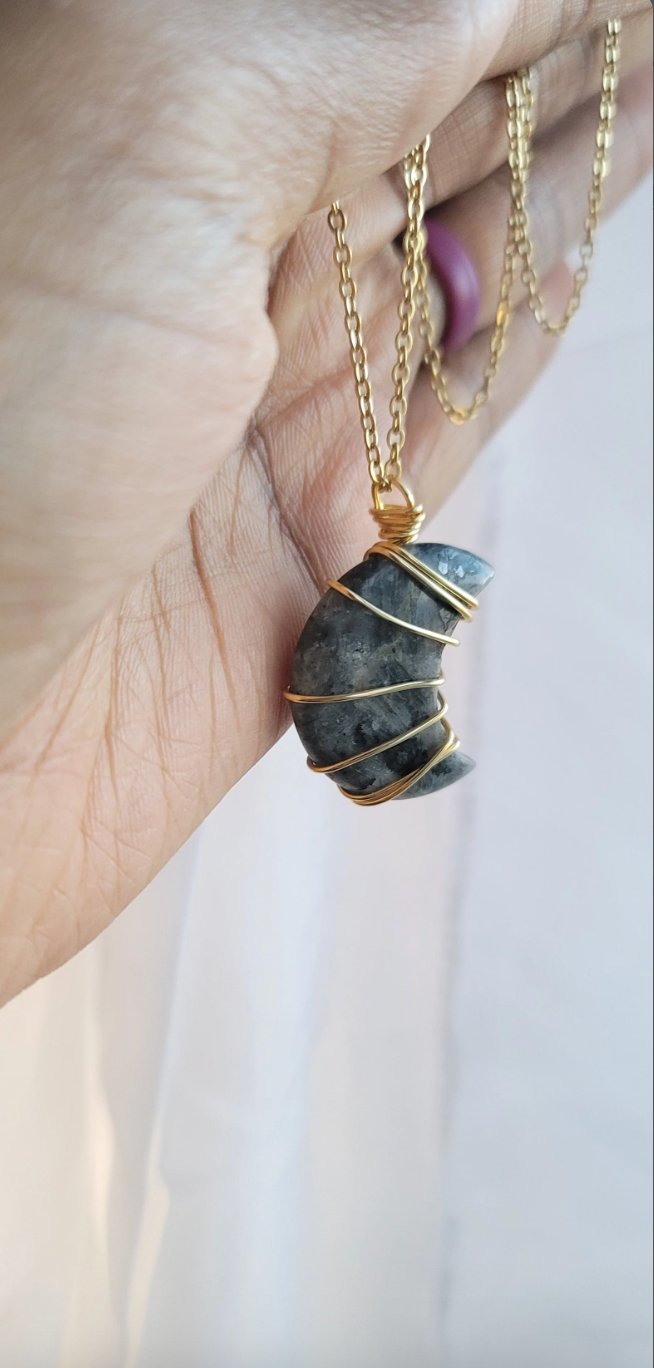CLEARANCE Labradorite Crystal Moon Pendant, Gold Chain Link Crystal Necklace, Wire Wrapped Moon Crystal Pendant Necklace