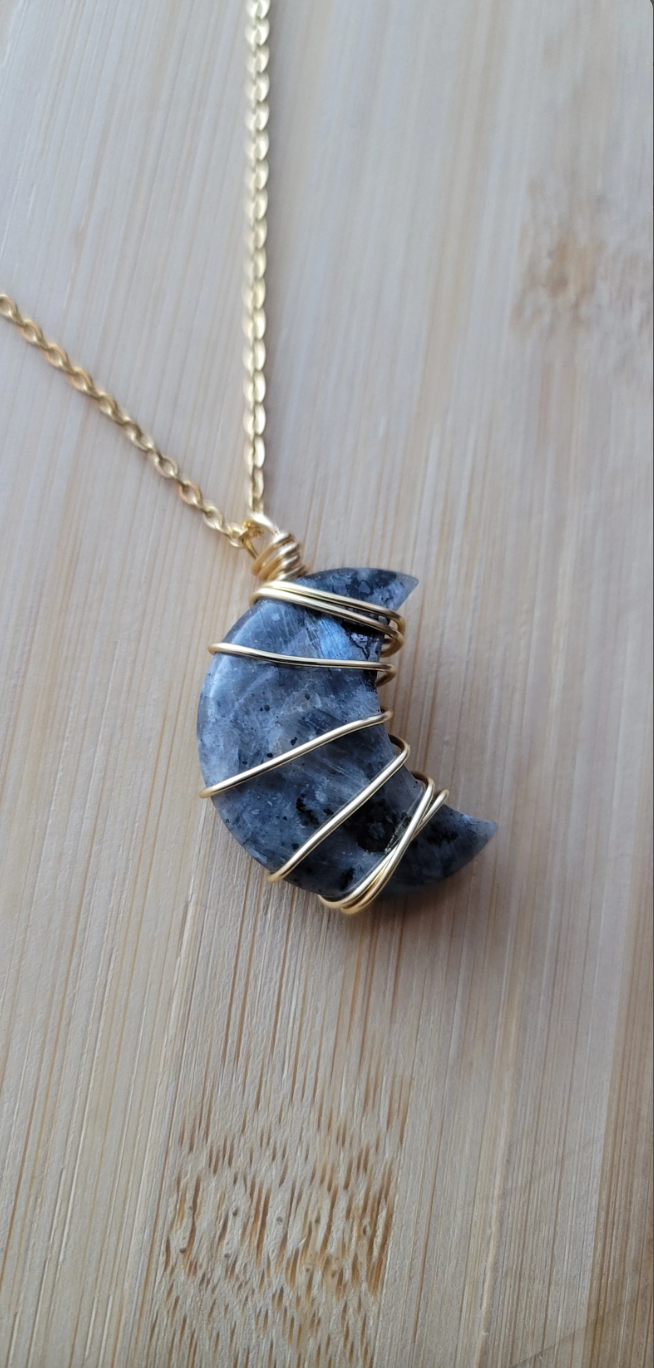 CLEARANCE Labradorite Crystal Moon Pendant, Gold Chain Link Crystal Necklace, Wire Wrapped Moon Crystal Pendant Necklace