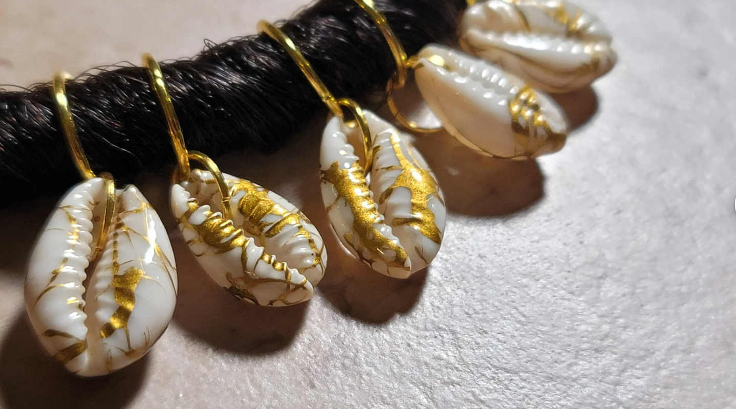 CLEARANCE 5pcs White And Gold Printed Natural Cowrie Shell Hair Rings, Dread Beads, Braid Rings, Loc jewelry, Dreadlock Rings