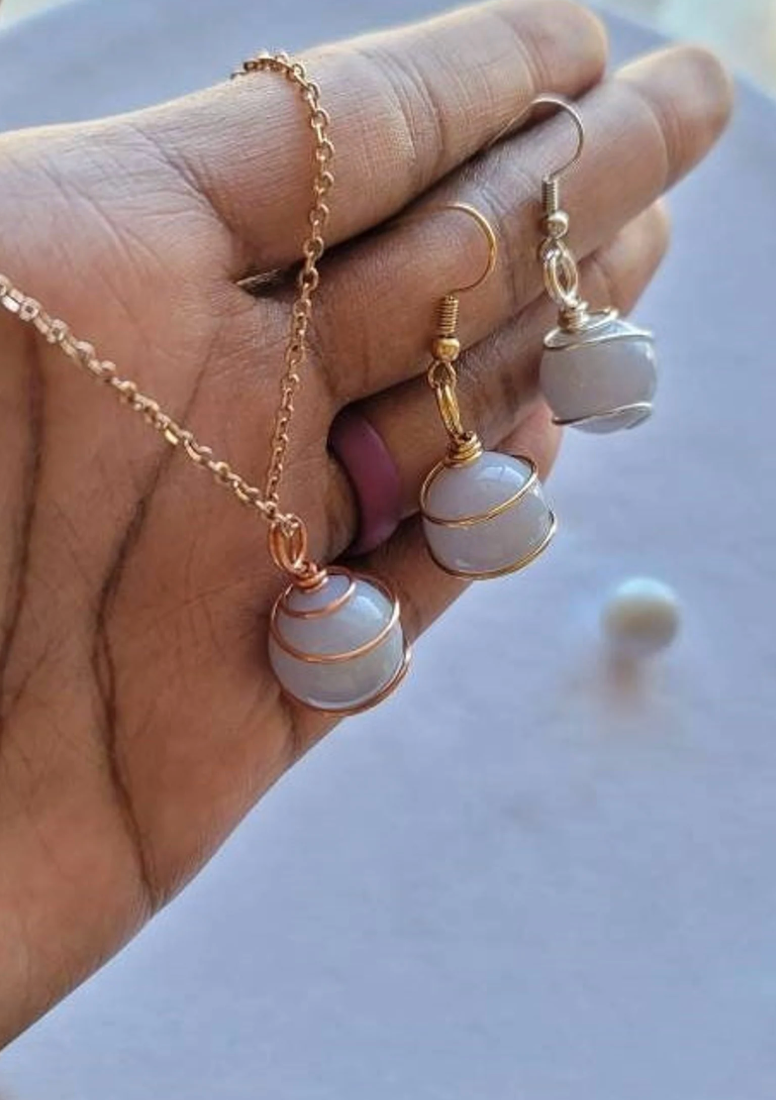 CLEARANCE Chalcedony Crystal Pendant Necklace And Earrings, Gemstone Charm Chain Necklace Jewelry Set, Caged Crystal
