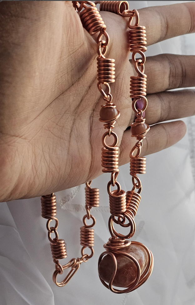 CLEARANCE Peach Moonstone & Sunstone Crystal Copper Pendant Necklace, 100% Authentic Copper Link Chain, Pure Copper Jewelry