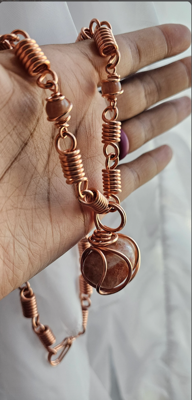 CLEARANCE Peach Moonstone & Sunstone Crystal Copper Pendant Necklace, 100% Authentic Copper Link Chain, Pure Copper Jewelry