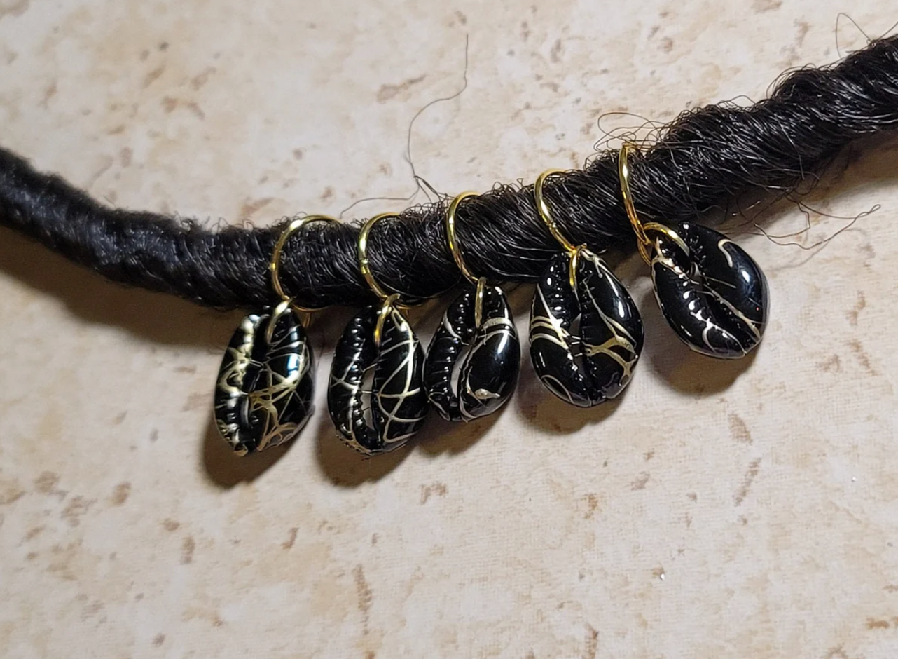 CLEARANCE 5pcs Black And Gold Printed Natural Cowrie Shell Hair Rings, Dread Beads, Braid Rings, Loc jewelry, Dreadlock Rings