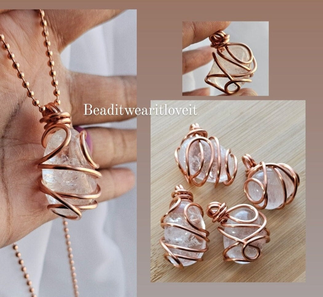Pure Copper Ball Chain Clear Quartz Crystal Pendant Necklaces 24 Inches, Thick 14 Gauge Copper Wire Wrapped Jewelry
