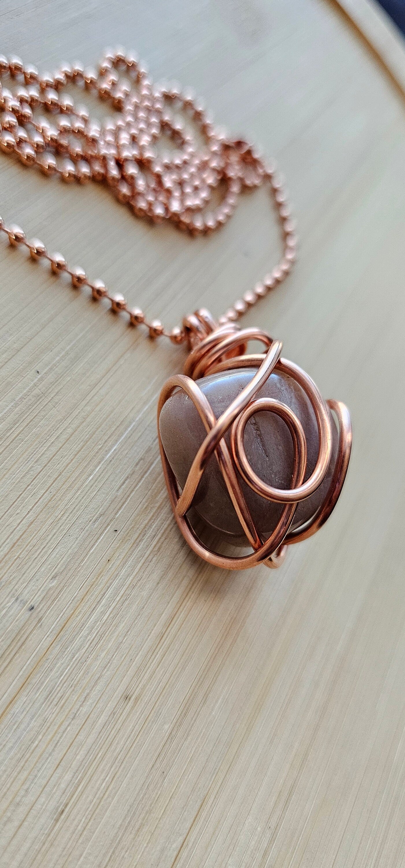 Ball Chain Peach Moonstone Crystal Pendant Necklaces 24 Inches, Thick 14 Gauge Copper Wire Wrapped Jewelry