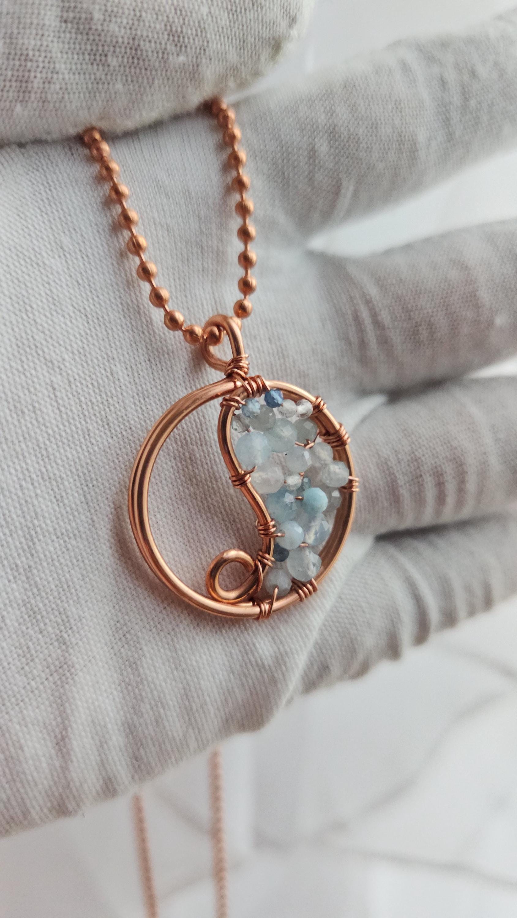 Choose Your Stone Copper Wire Wrapped Crystal Yin Yang Pendant Necklace, Weaved Copper Gemstone Ball Chain Necklace, Boho Spiritual Jewelry