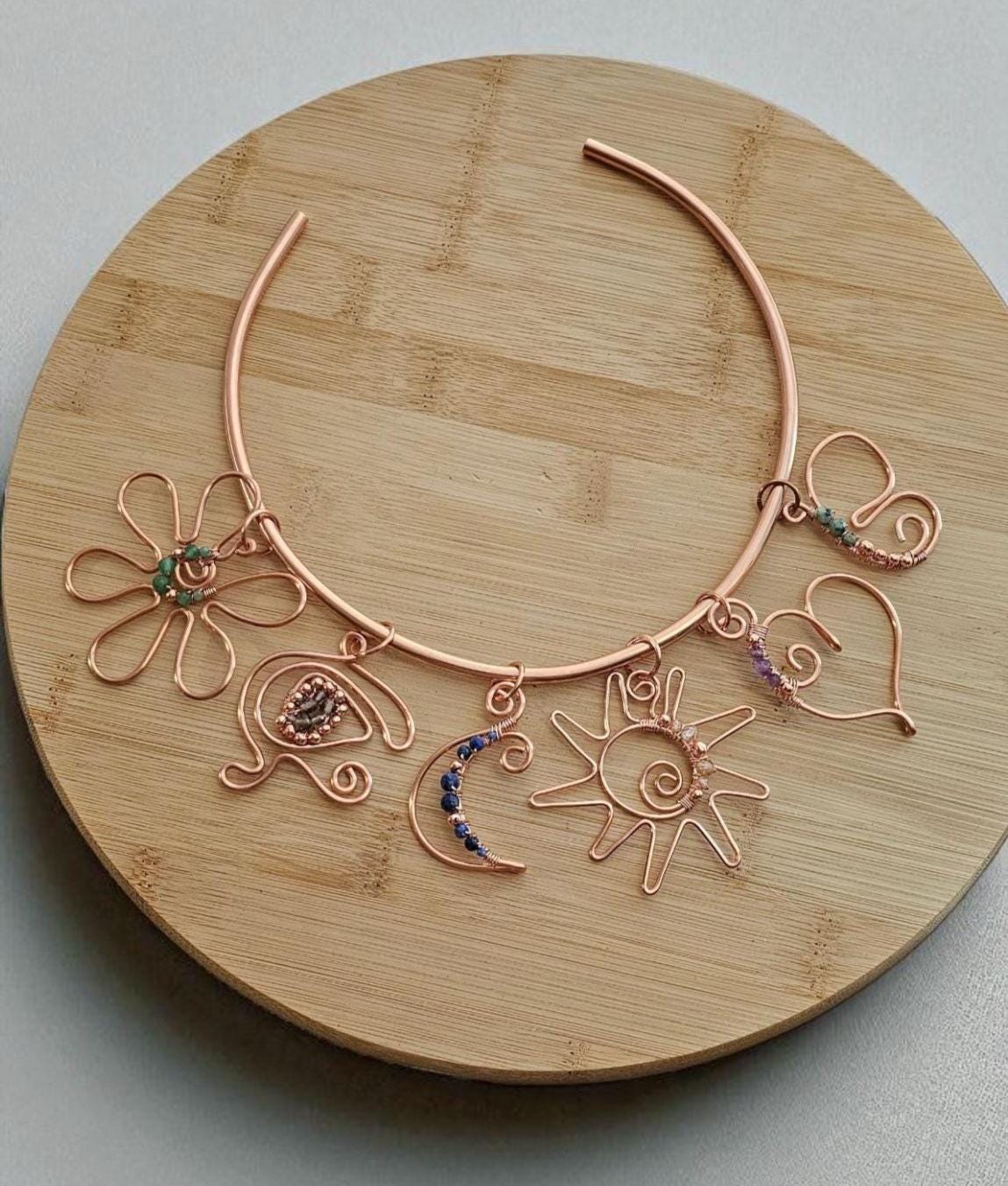 Handcrafted Copper Charm Necklace, Chocker Neck Cuff Necklace, Bohemian Earthy Girl Spiritual Jewelry
