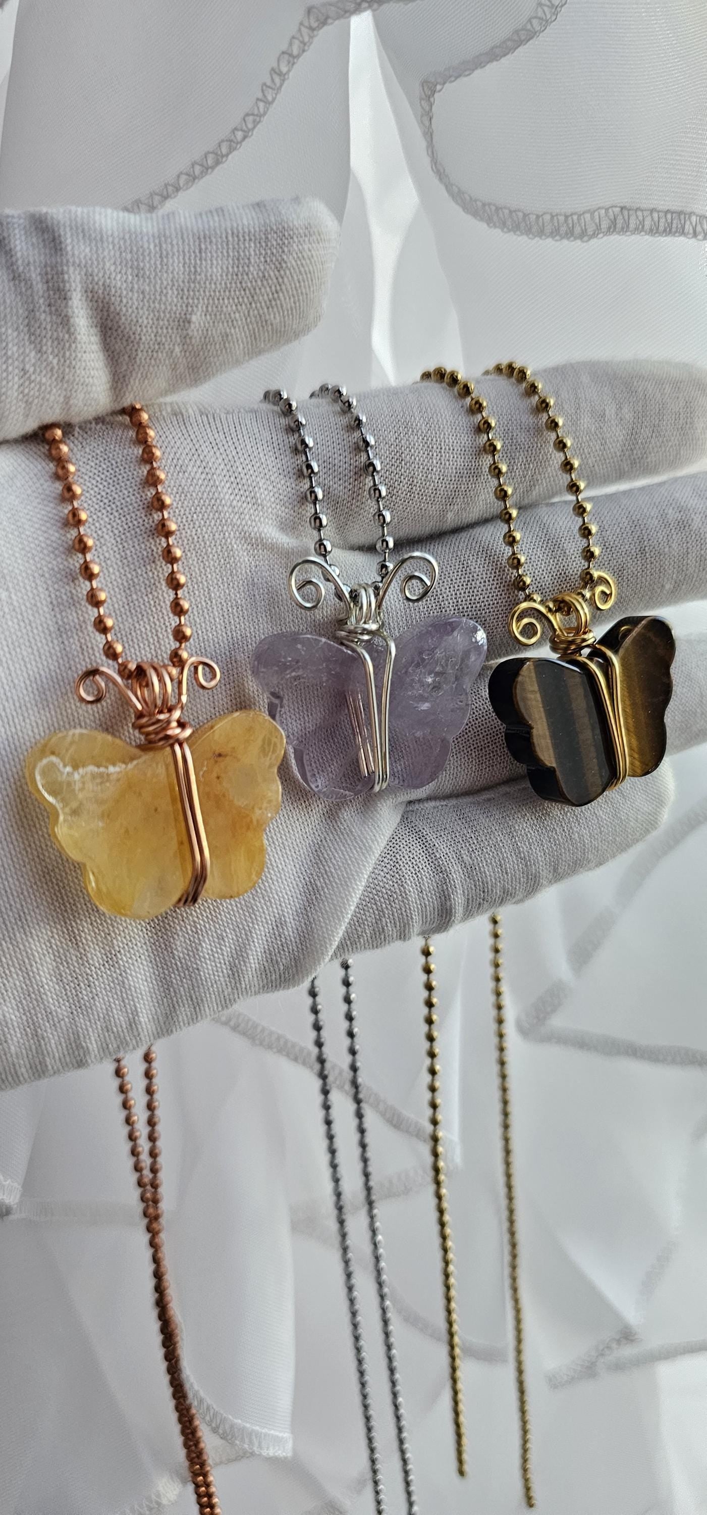 Custom Wire Wrapped Crystal Butterfly Stone Pendant Necklaces, Unique Gemstone Jewelry