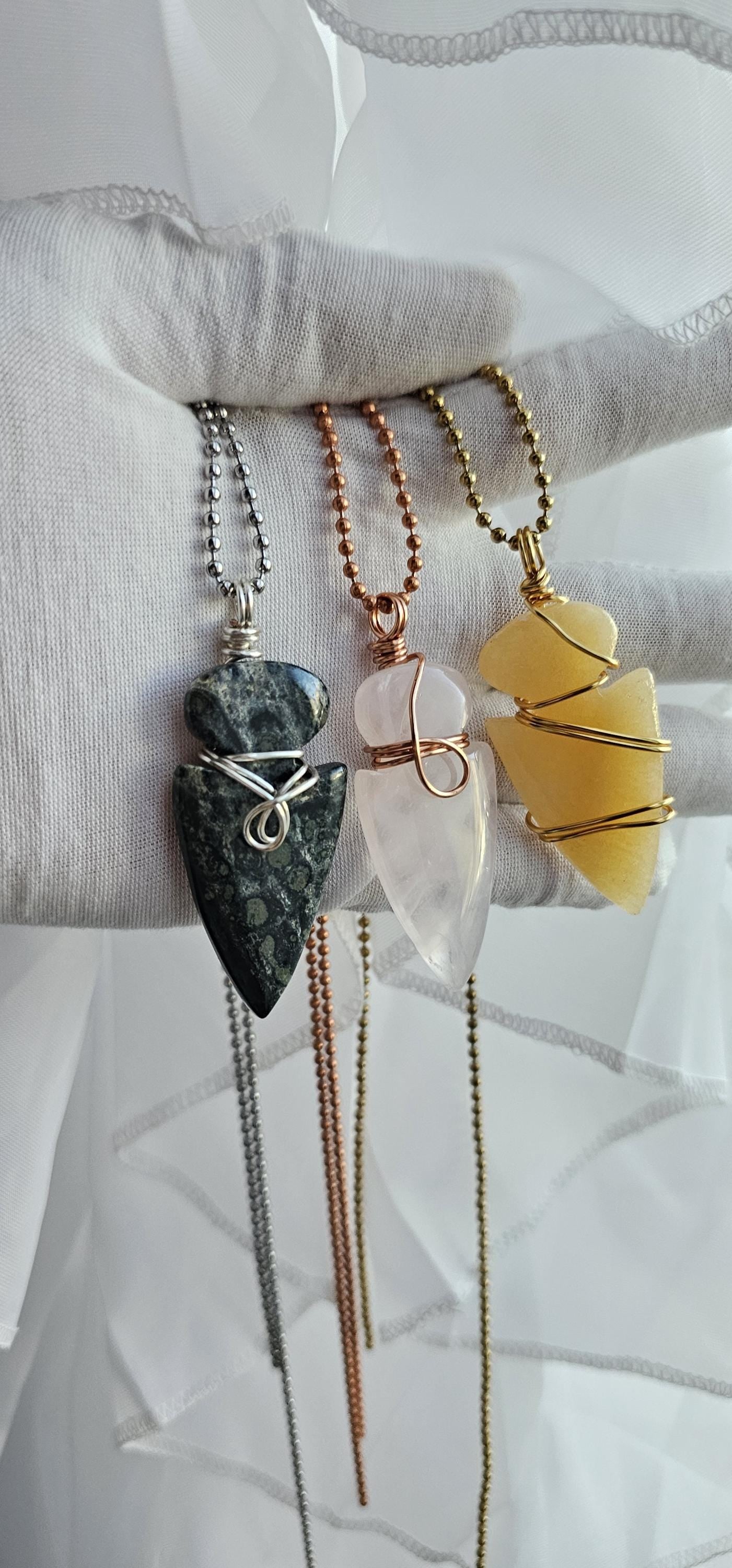 Smooth Polished Arrowhead Wire Wrapped Crystal Pendant Necklaces, Choose Your Design And Stone Custom Jewelry