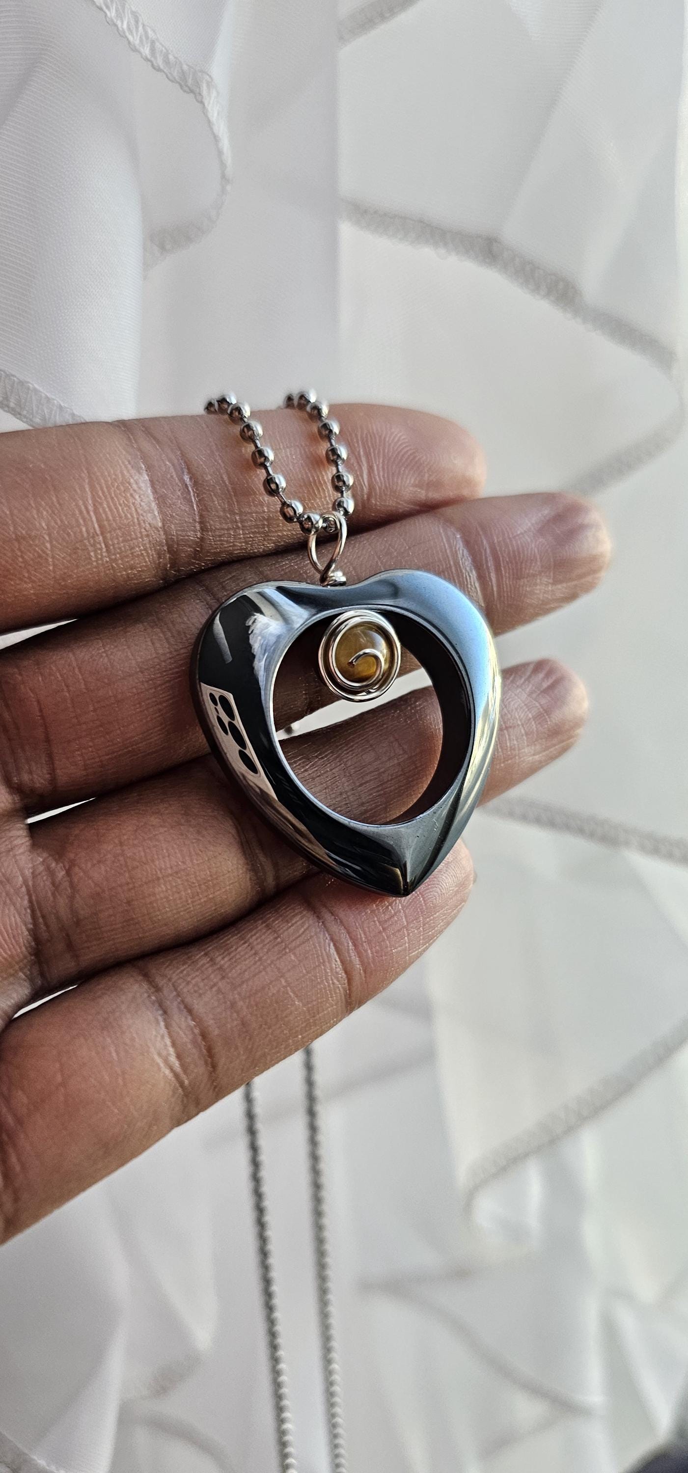 Wire Wrapped Hematite Crystal Heart Stone Pendant Necklace