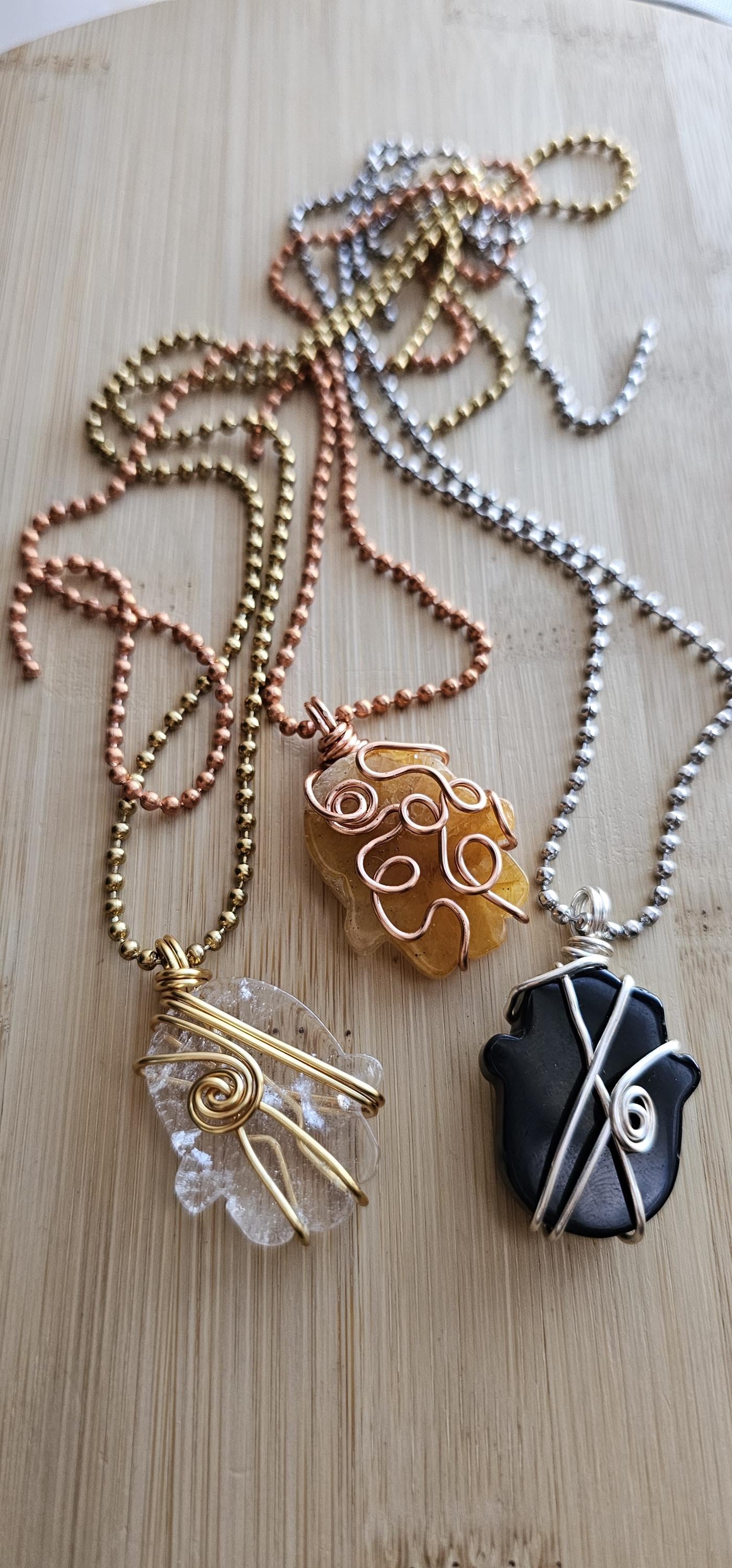 Custom Wire Wrapped Crystal Hamsa Hand Stone Pendant Necklaces, Unique Gemstone Jewelry