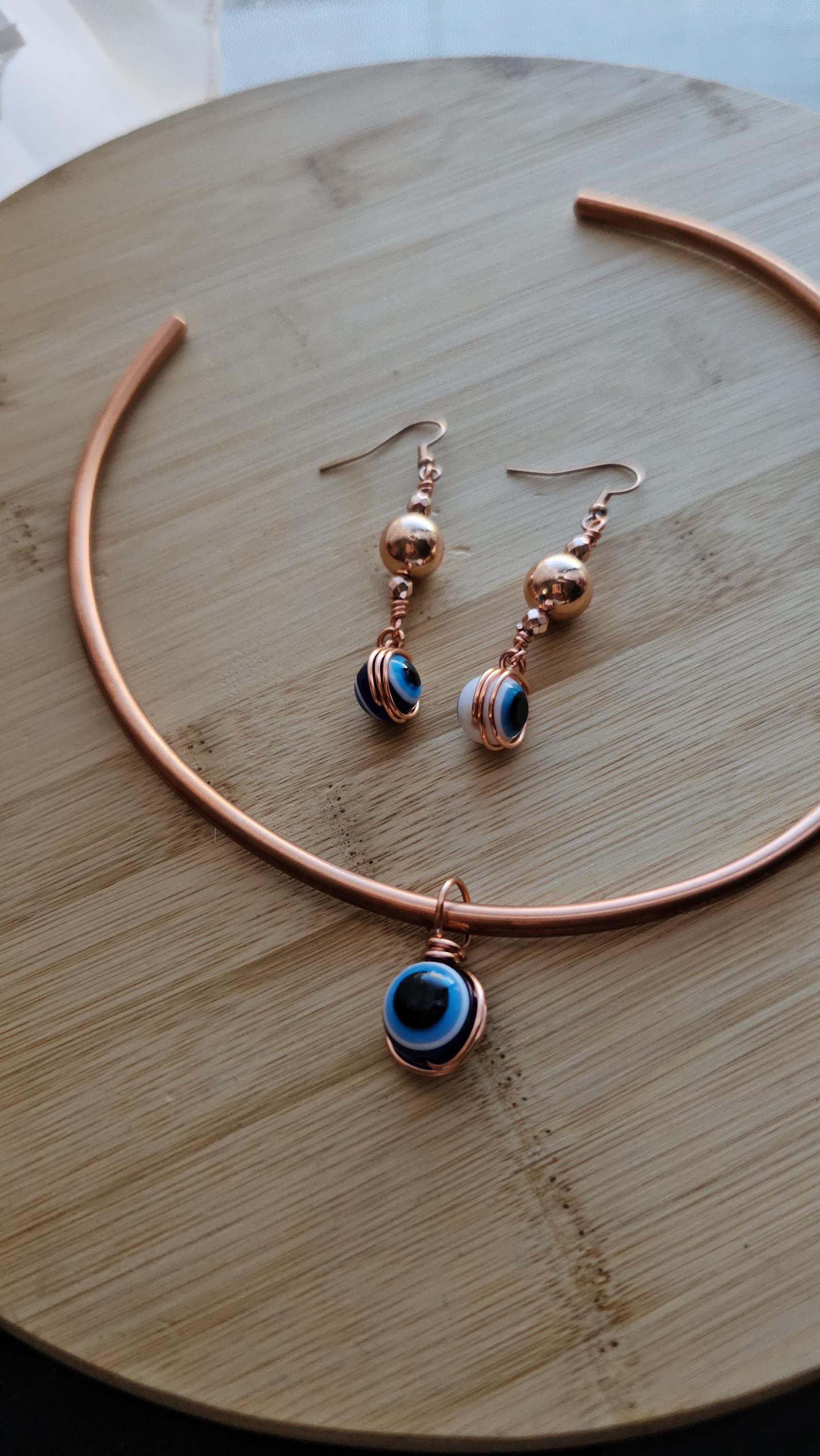 Evil Eye and Hematite Crystal Dangle Drop Protection Earrings