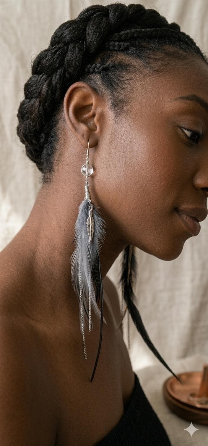 Bohemian Feather Chain Earrings, Citrine or Quartz Accent Copper Wire Beaded Dangle Jewelry, Crystal Feather Earrings