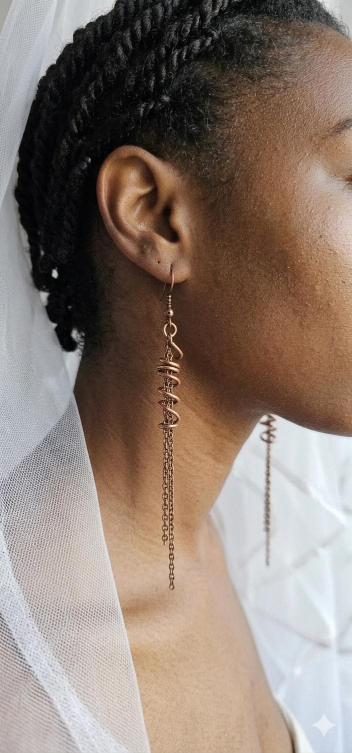 Copper Dream Catcher Fringe Earrings, Wire Wrapped Earrings
