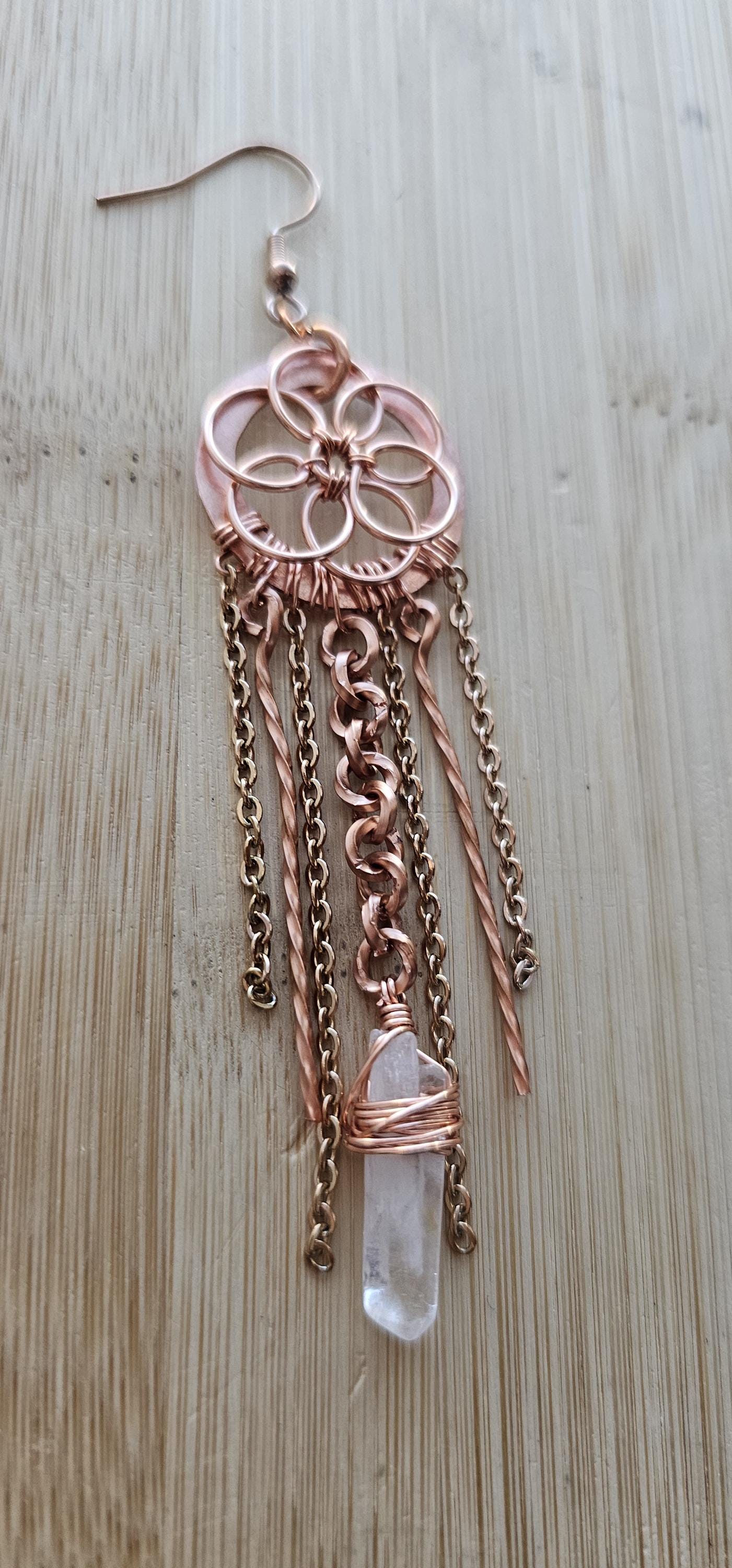Copper Dream Catcher Fringe Earrings, Wire Wrapped Earrings