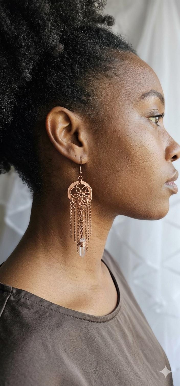 Copper Dream Catcher Fringe Earrings, Wire Wrapped Earrings