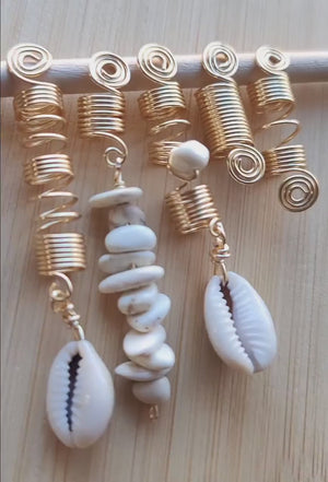 5 Piece Cowrie Shell Loc Jewelry Set, Dreadlock Hair Accessories, Copper Beads For Braids Dreads, White Turquoise Crystal Hair Beads