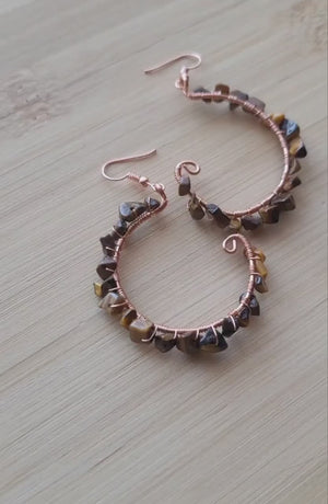 Copper wire Wrapped Crystal Hoop Earrings, Raw Natural Gemstone Chakra Jewelry