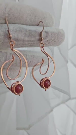 Copper Wire Wrapped Carnelian Crystal Flame Earrings, Unique Copper Jewelry