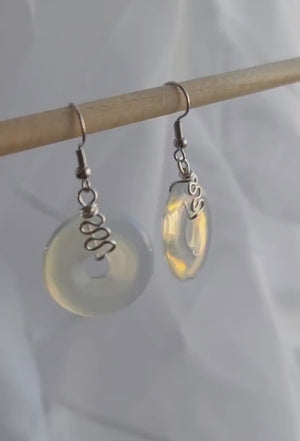 Wire Wrapped Crystal Earrings, Opalite Gemstone Dangle Earrings, Amethyst, Rose Quartz, Yellow Jade, Agate Jewelry