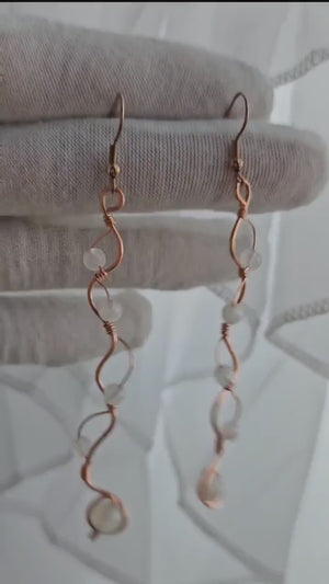 Copper Wire Wrapped Moonstone Crystal Drop Earrings, Dainty Earrings, Copper Jewelry
