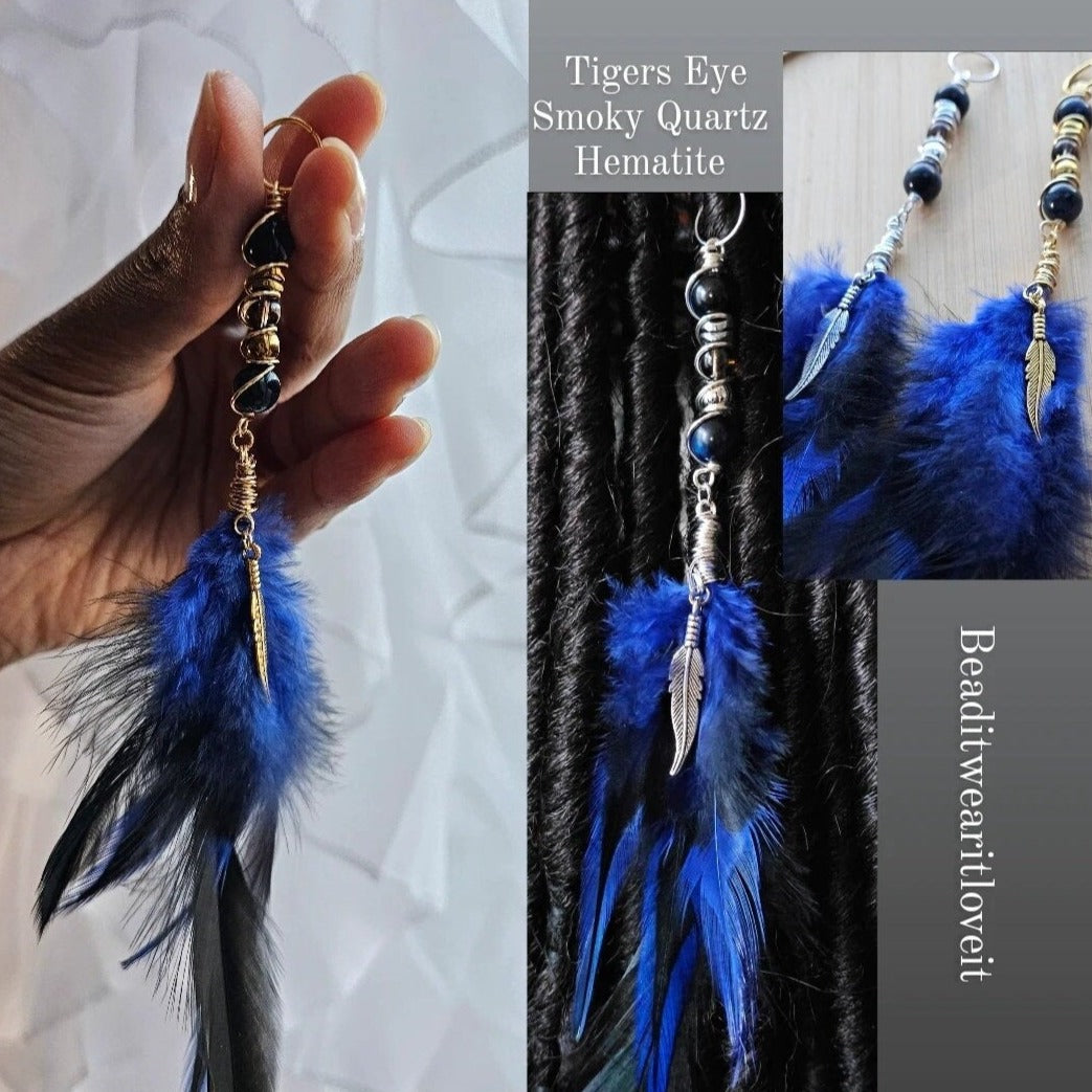 Feather Hair Ring Royal Blue, Tiger Eye, Smoky Quartz, Hematite